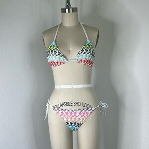 Missoni Chevron Striped Crochet Triangle Side Tie Bikini Bathing Swimsuit